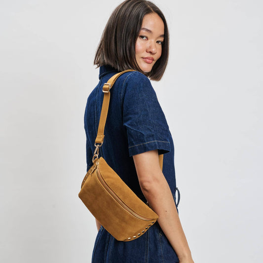 Gizelle-Suede Belt Bag: Tan
