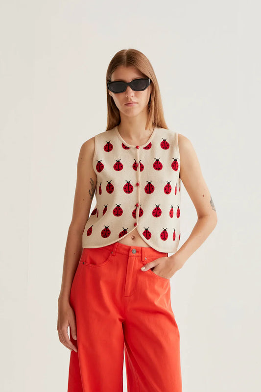 Red Coccinella print knit top