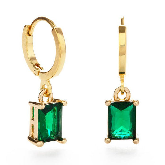 EMERALD GREEN RECTANGLE STONE HUGGIE HOOP EARRINGS
