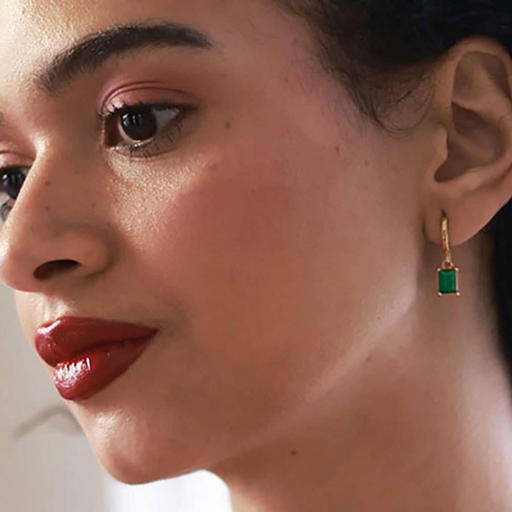 EMERALD GREEN RECTANGLE STONE HUGGIE HOOP EARRINGS