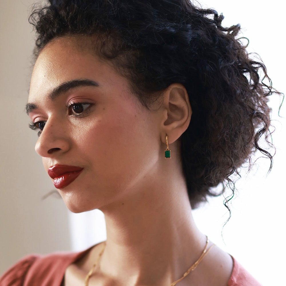 EMERALD GREEN RECTANGLE STONE HUGGIE HOOP EARRINGS