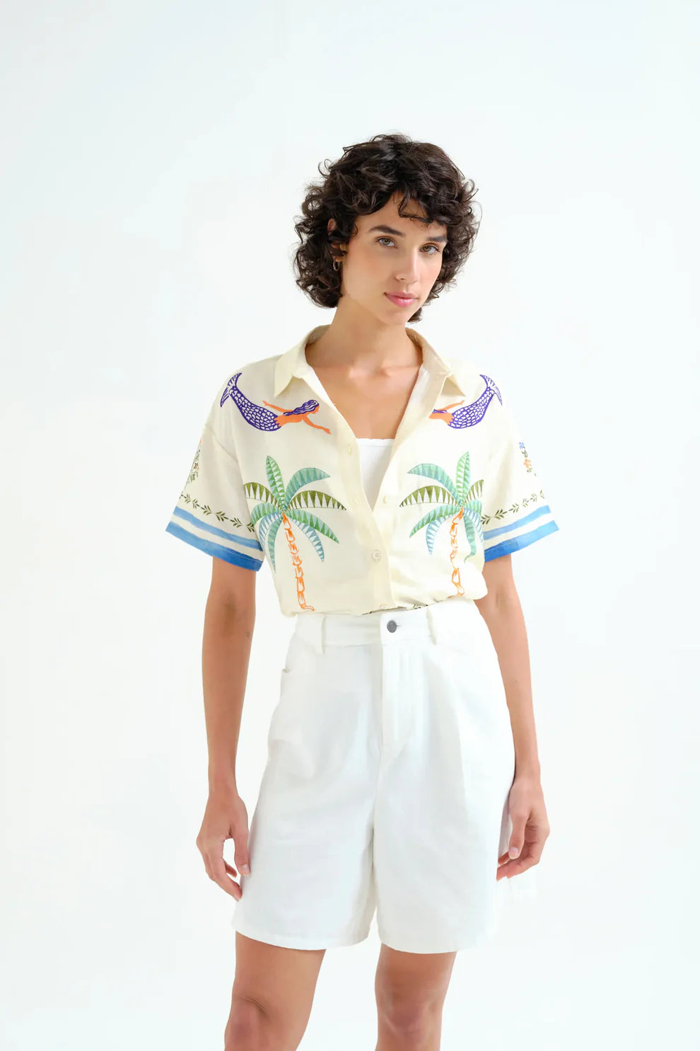 PALM AND  MERMAID PRINT SHIRT