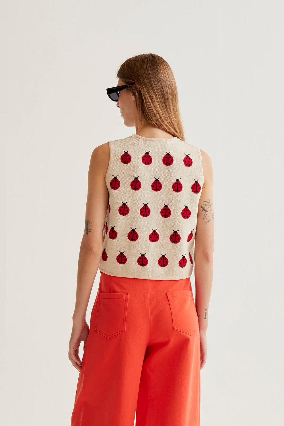 Red Coccinella print knit top