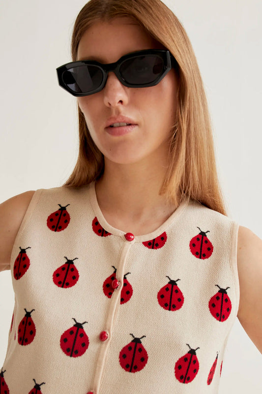 Red Coccinella print knit top