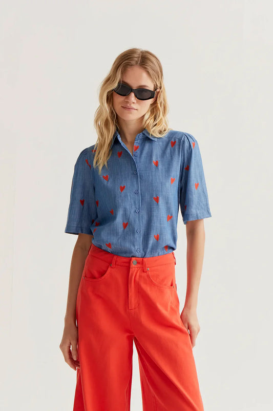 CHAMBRAY SHIRT WITH EMBROIDERED  HEARTS