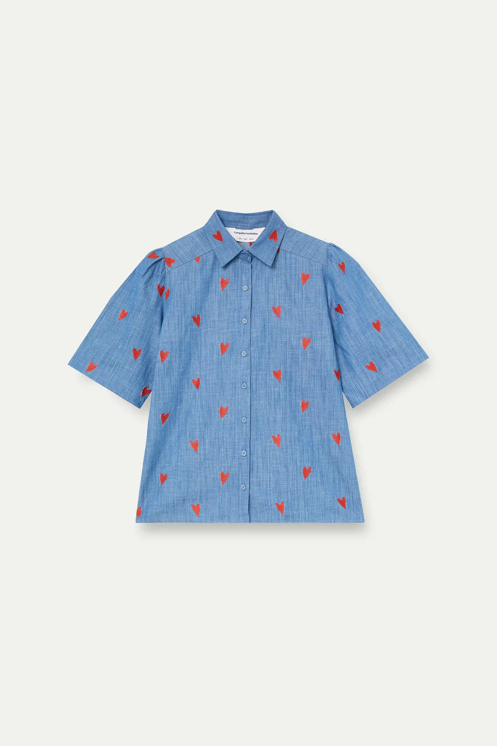 CHAMBRAY SHIRT WITH EMBROIDERED  HEARTS