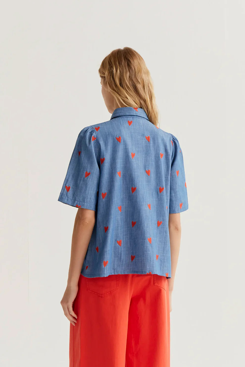CHAMBRAY SHIRT WITH EMBROIDERED  HEARTS