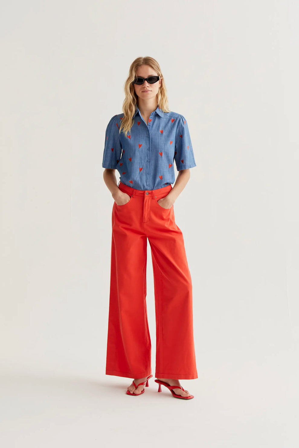 CHAMBRAY SHIRT WITH EMBROIDERED  HEARTS