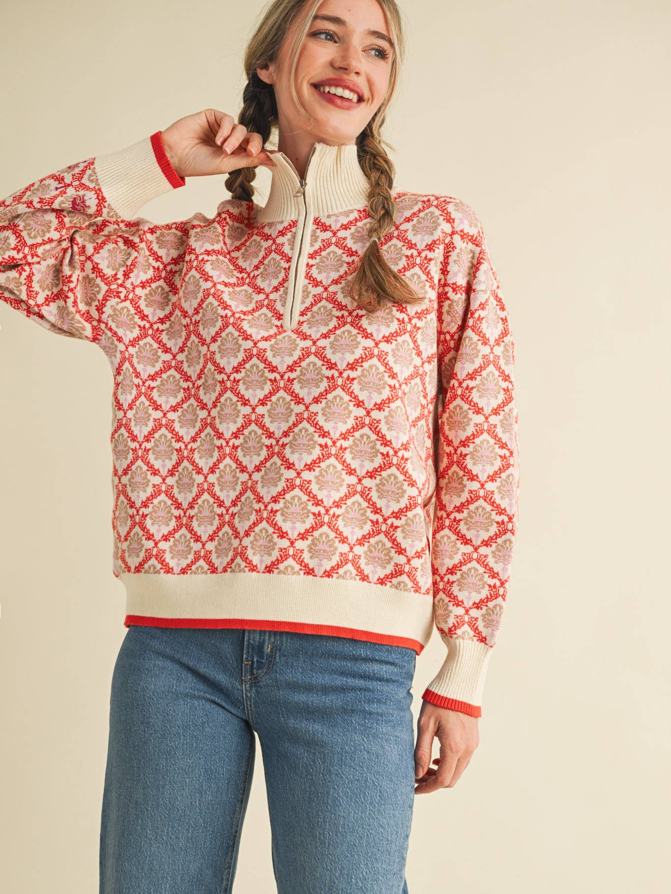 FLORAL MOCK NECK HALF ZIP PULLOVER