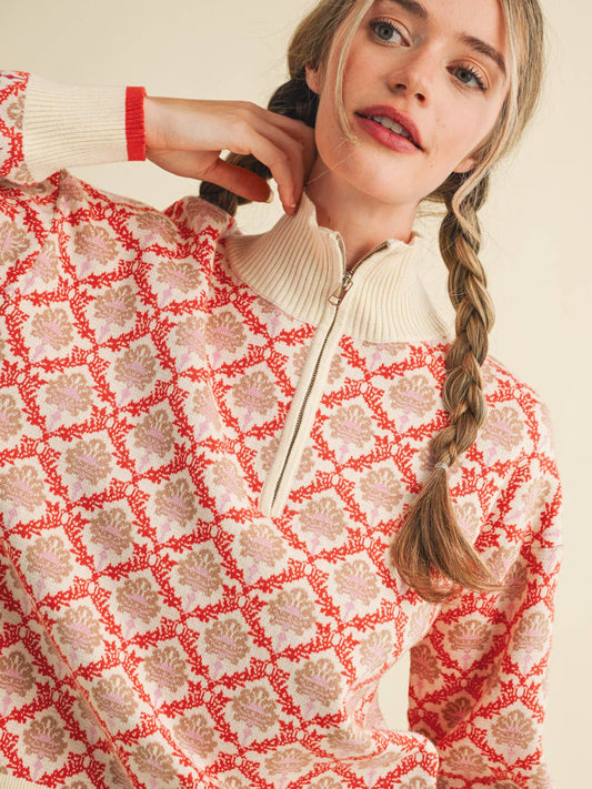 FLORAL MOCK NECK HALF ZIP PULLOVER